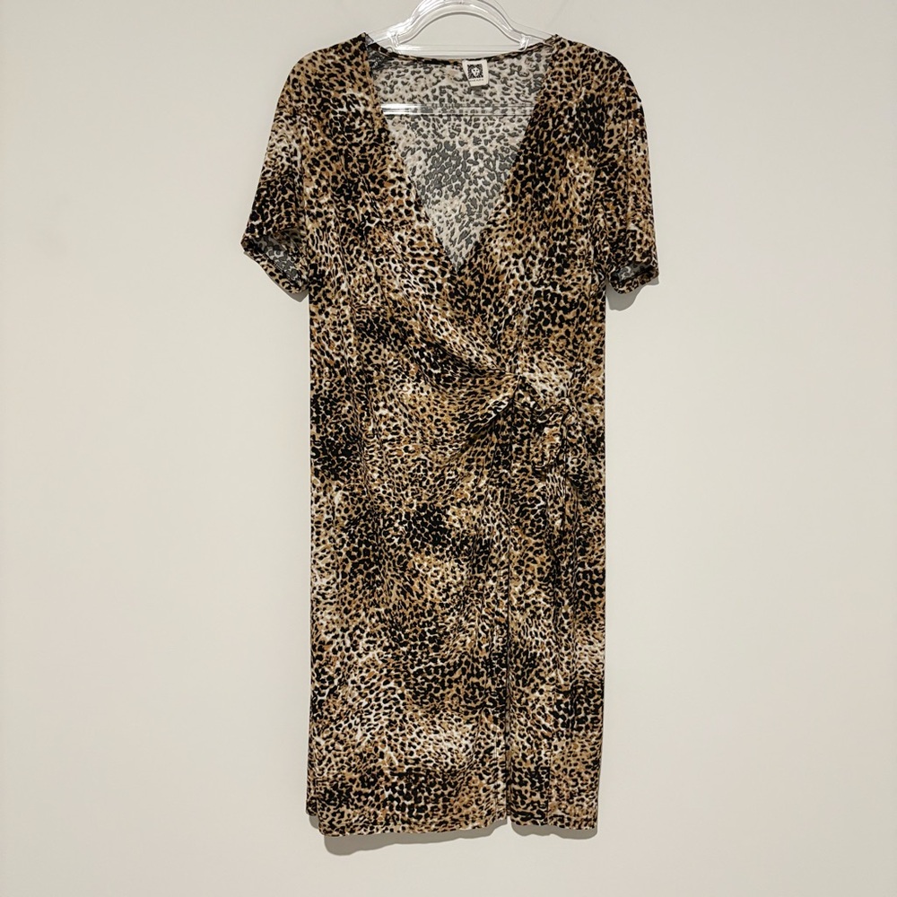 Anne Klein Wrap Leopard Slinky Knit Stretch Waist‎ Tie dress brown black size 16